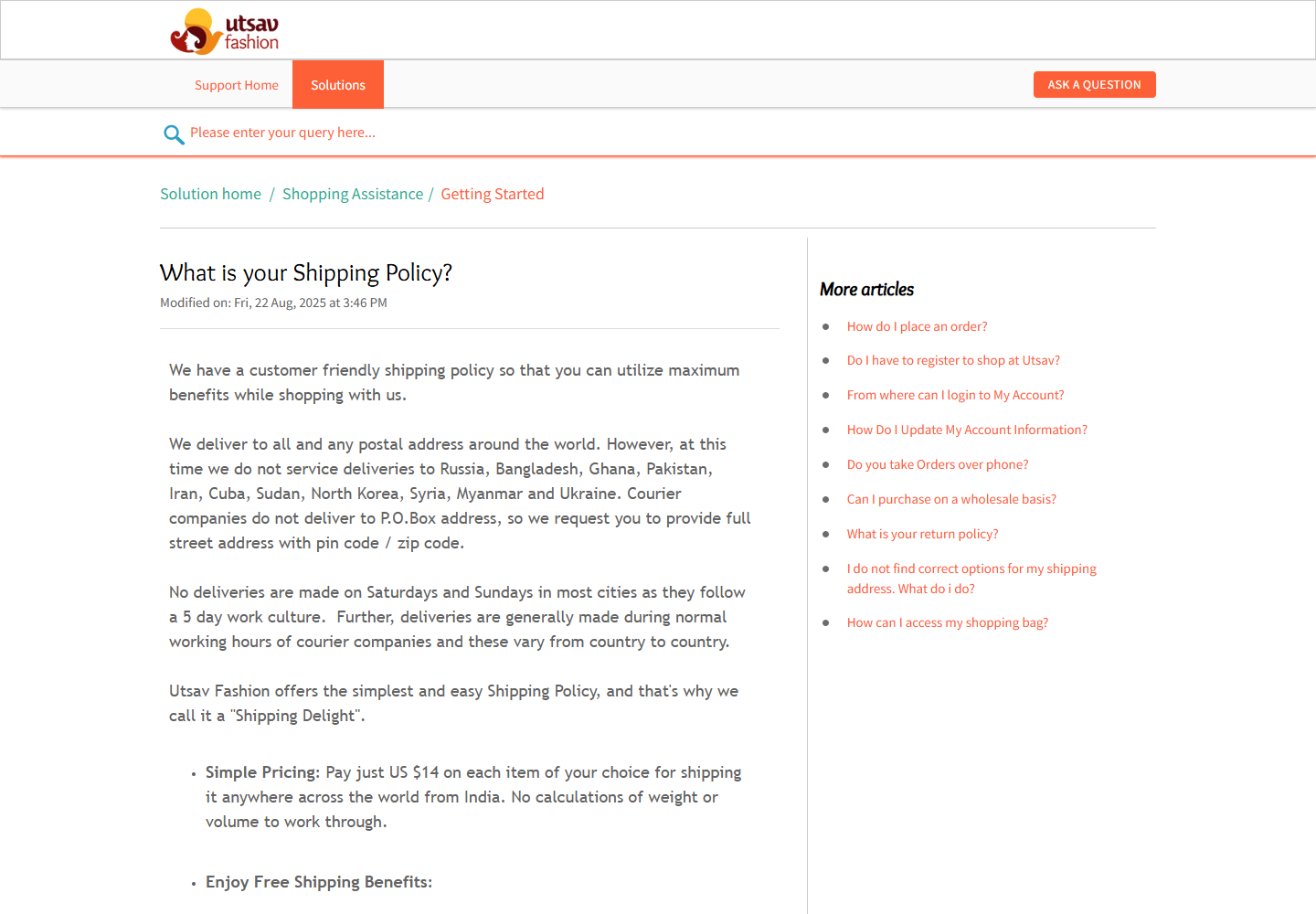 Capture de la page officielle de Utsav Fashion
